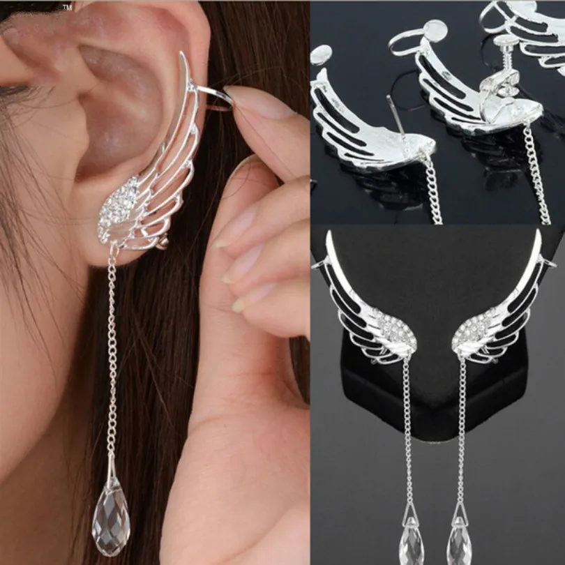 

Silver Plating Angel Wing Stylist Crystal Earrings Drop Strap Earrings Women Long Sleeve Earrings Tassel Angel Wing Ear Clip