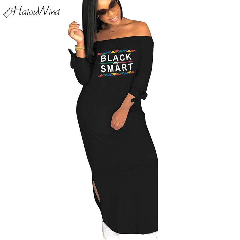 

Womens Black Letter Print Off The Shoulder Long Sleeve T Shirt Maxi Dress with Bowknot Sides Slit Loose Long Streetwear Dress