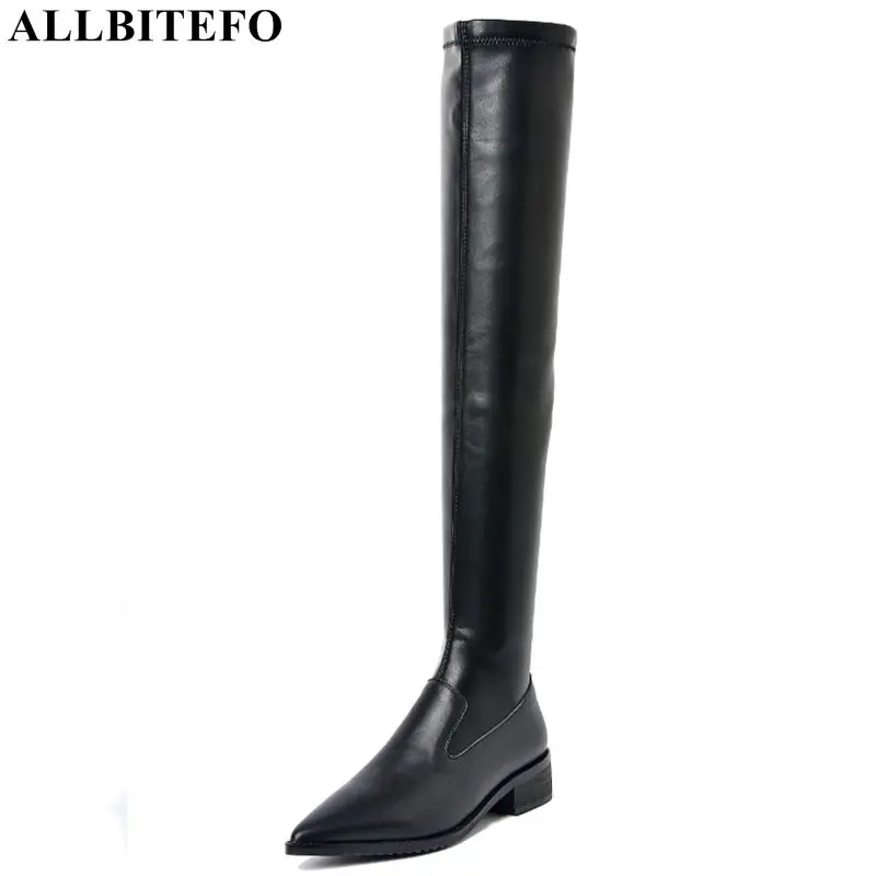 

ALLBITEFO genuine leather+Microfiber low-heeled over the knee high boots high quality winter snow women boots long boots