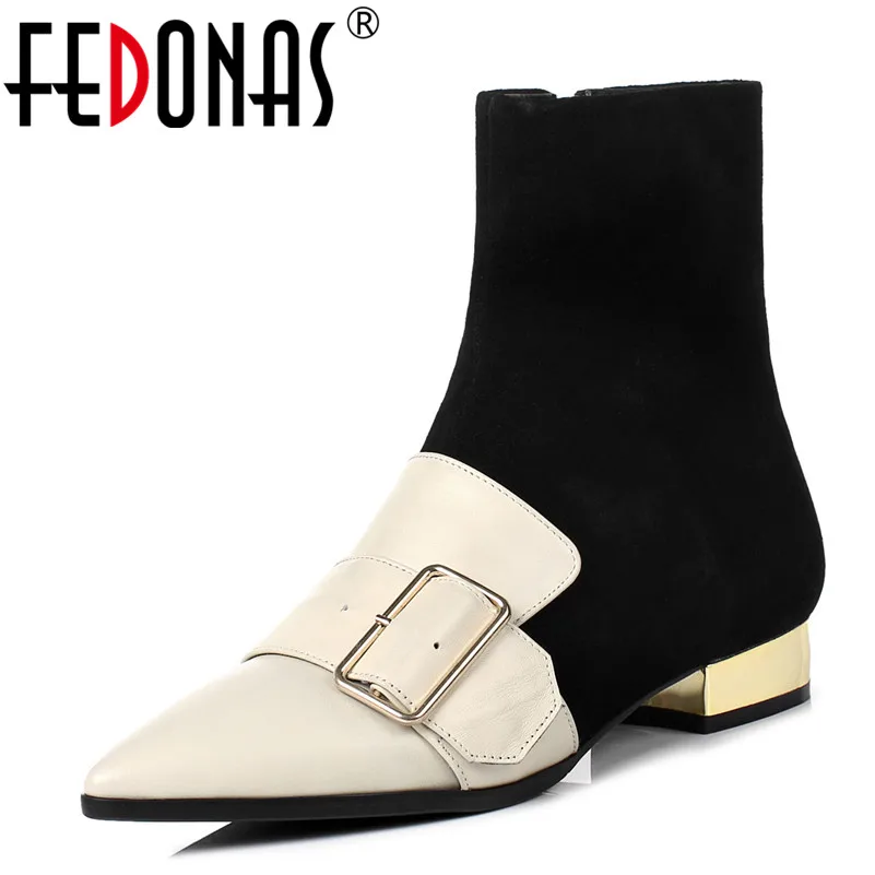 

FEDONAS Women Fashion Ankle Boots Sexy Pointed Toe Autumn Socks Boots Buckles Genuine Leather Party Night Club Shoes Woman