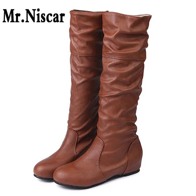 

Women Autumn Winter Boots Ladies Fashion Increase Boots Flat Shoes Over the Knee Thigh Pleated High Tube PU Leather Long Boots
