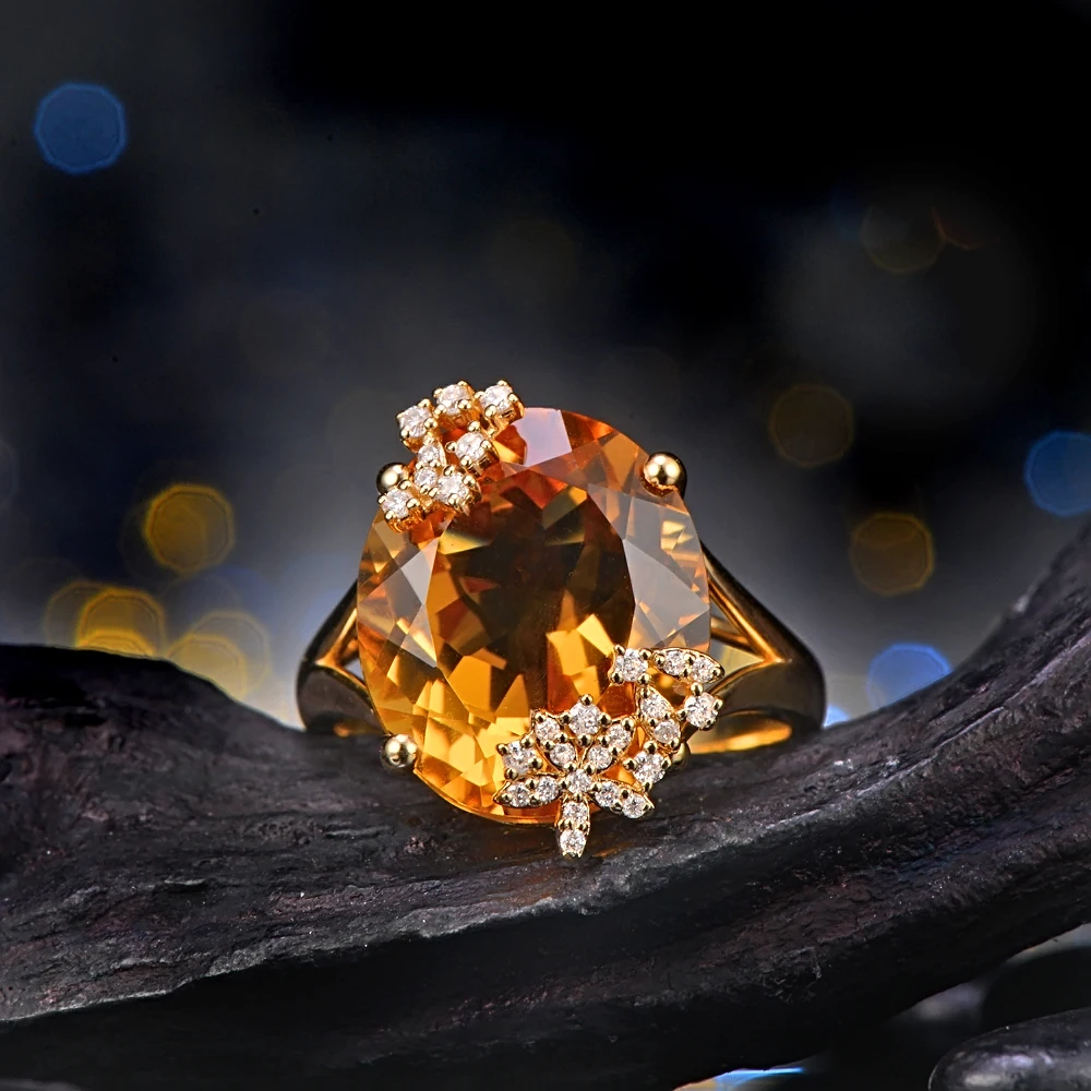 CaiMao 14K Yellow Gold 10.19ct Natural Citrine 0.18ct Pave Diamond Engagement Ring Free Shipping