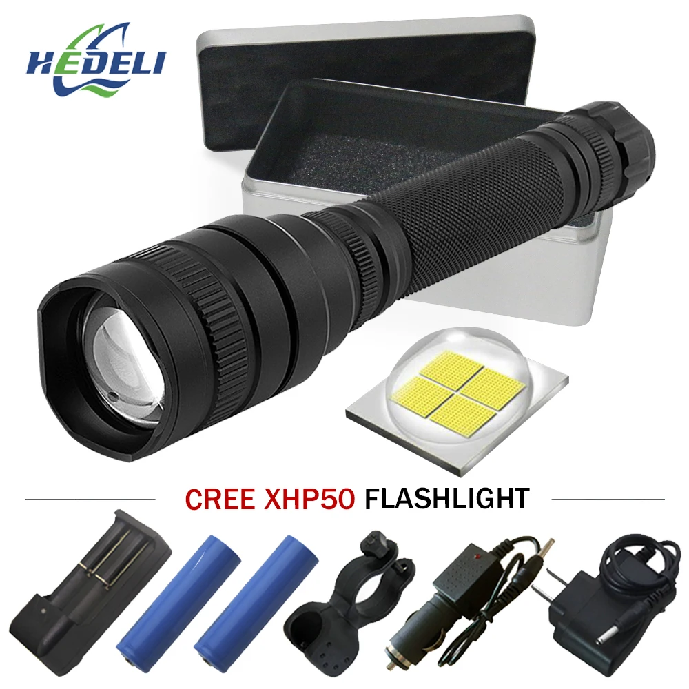 High Power flash light Zoomable cree Xhp50 led Flashlight waterproof torch Lanterna linterna Use rechargeable batteries 18650