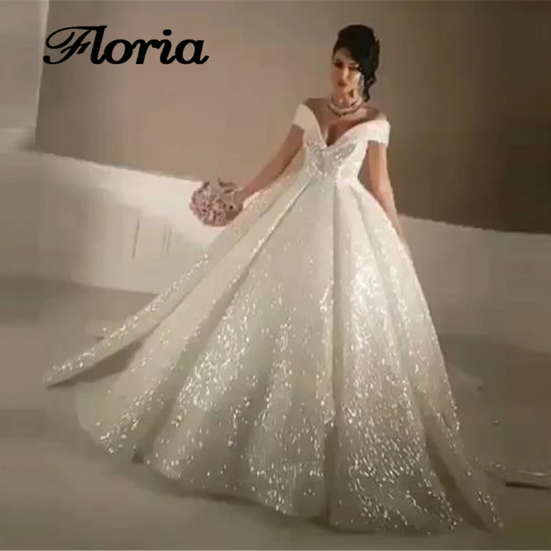 

Bling Glitter Off the Shoulder Wedding Dresses Kaftan Robe De Mariee Muslim Dubai Ball Gowns Long Purry Arabic Bridal Gowns 2019