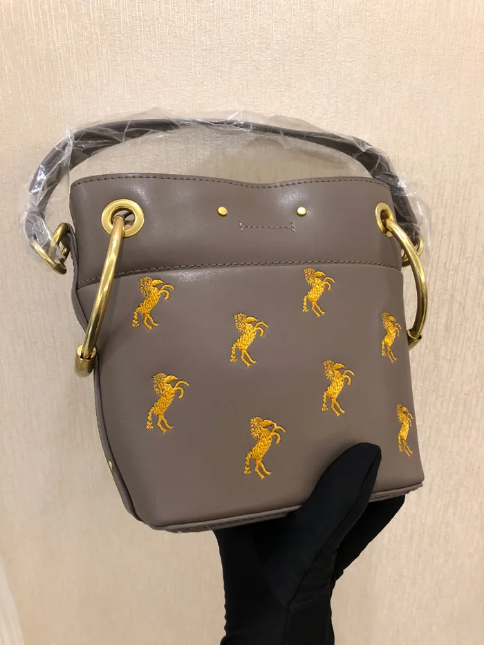 Роскошная женская сумка с рисунком лошади, сумка-мешок из натуральной кожи, женская сумка, модная женская сумка на плечо, сумка через плечо с золотым кольцом - Цвет: light gray