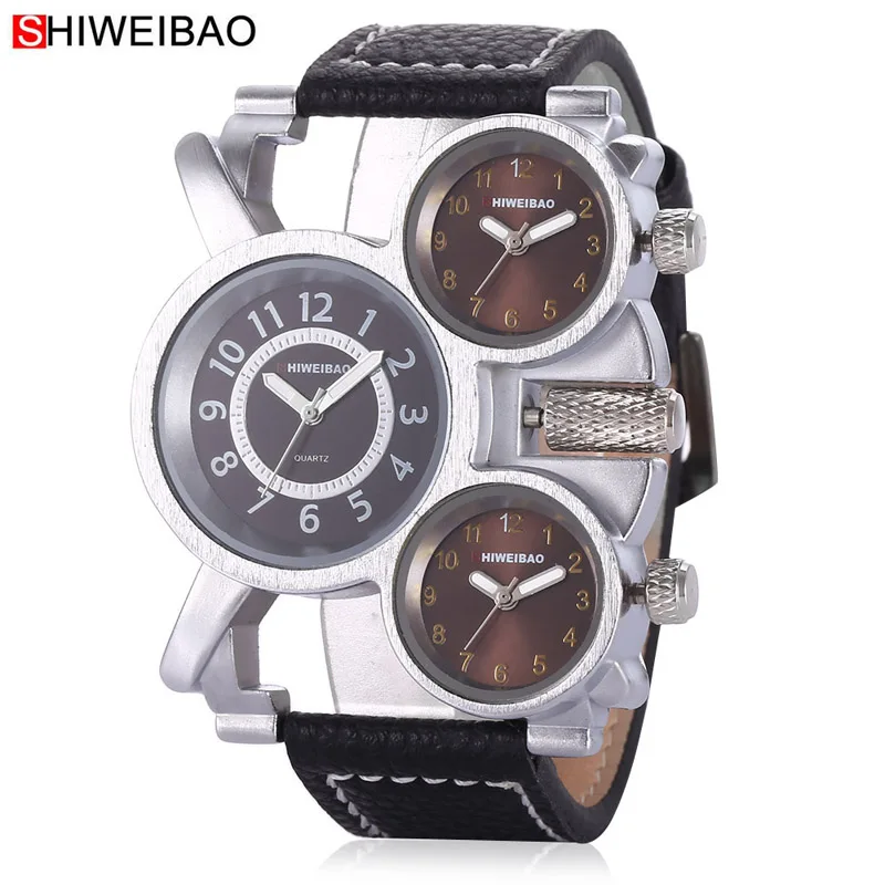

2019 SHIWEIBAO New Fashion Men Boys Leather three dials Wristwatch Male Quartz 30M Waterproof Army Military personality Watches