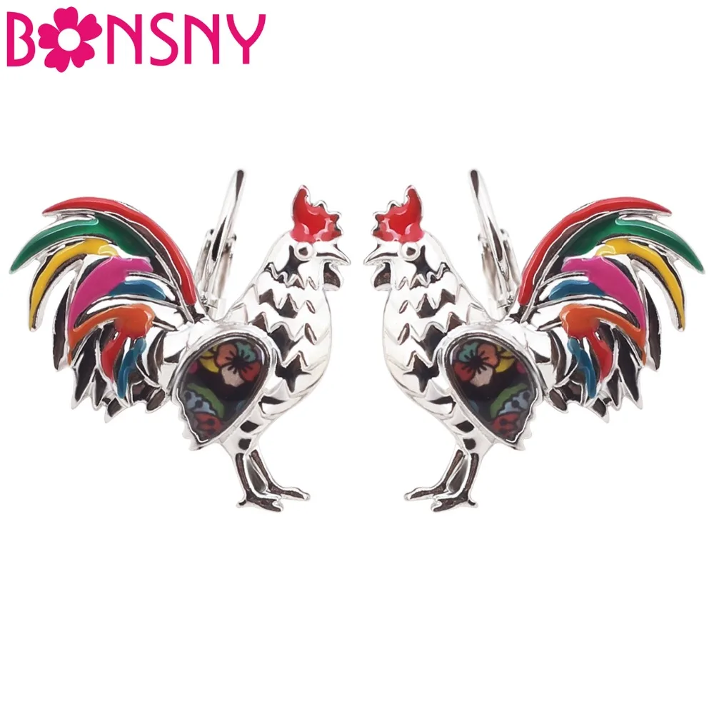 

Bonsny Enamel Metal Floral Chicken Rooster Earrings Stud French Clip Alloy Farm Animal Jewelry For Girls Women Teens Accessories