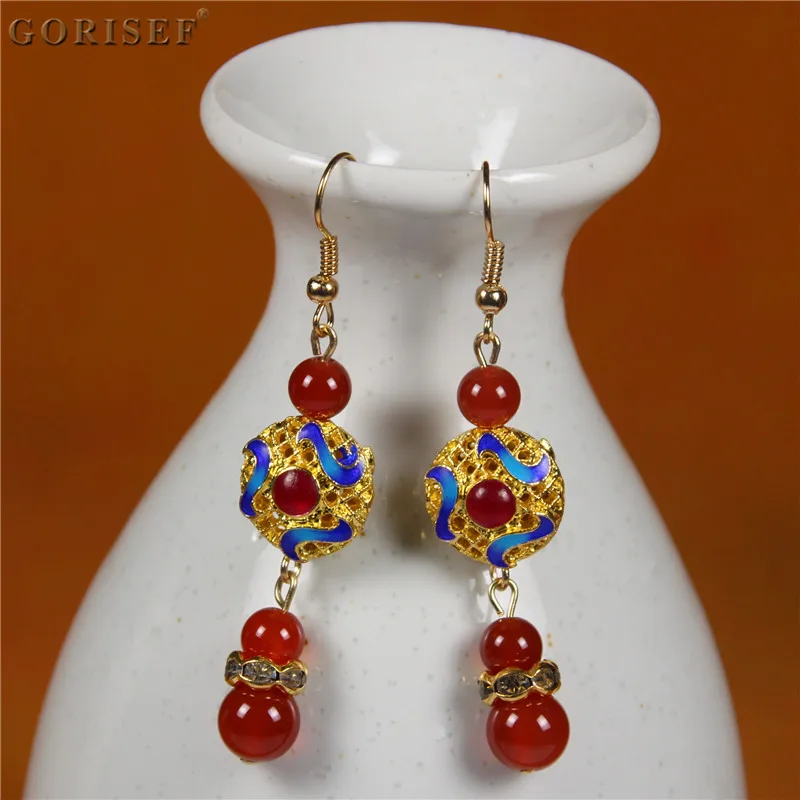 

Cloisonne red natural chalcedony earrings festive holiday wear bride wedding daily handmade jewelry hypoallergenic new