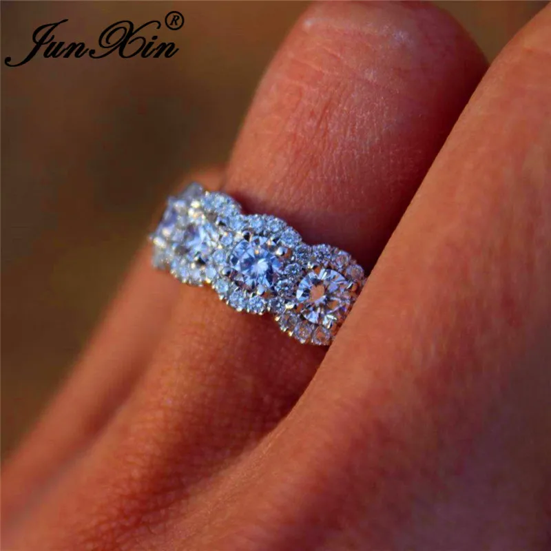 JUNXIN Boho Female White Crystal Engagement Rings For Women 925 Silver Filled Round Zircon Wedding Bands Valentine Day Jewelry