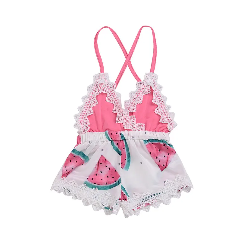 

Summer Newborn Toddler Kids Baby Girl Watermelon Off Sleeve Backless Lace Ruffles Halter Romper Jumpsuit Outfits Sunsuit Clothes