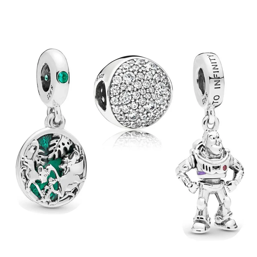 

NEW 925 Sterling Silver Buzz Lightyear and Timon and Pumbaa Pendant Charm Fit pandora Bracelet Pave Sphere Charm DIY Jewelry