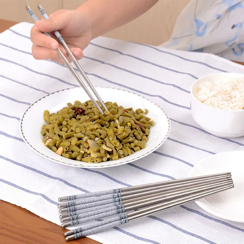 

5 Pairs Durable Stainless Steel Food Stick Chinese Traditional Flowers Pattern Stainless Chopsticks Tableware Kitchen Product
