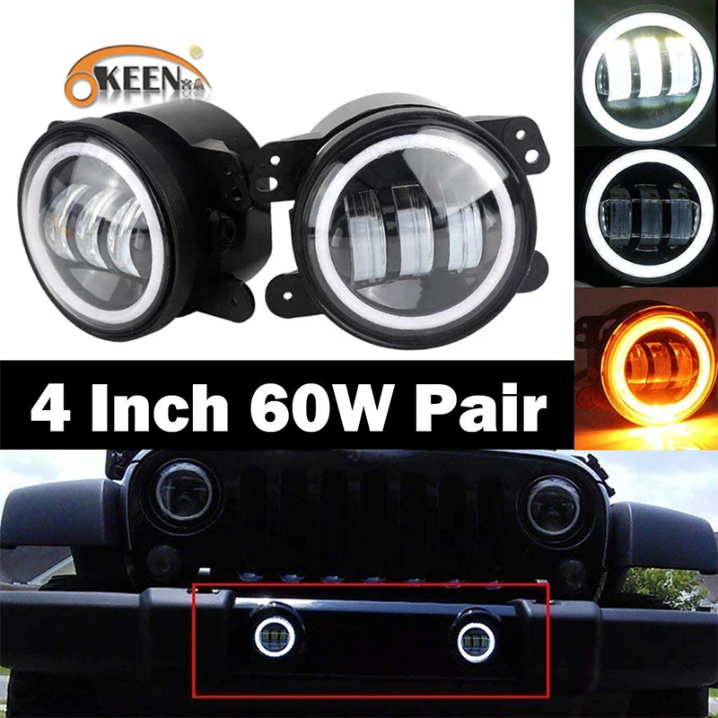 

OKEEN 2pcs Universal 4 Inch LED Fog Lights 60W White Round Halo Ring DRL Angel Eye Daytime Running Light Amber Turn Signal Light