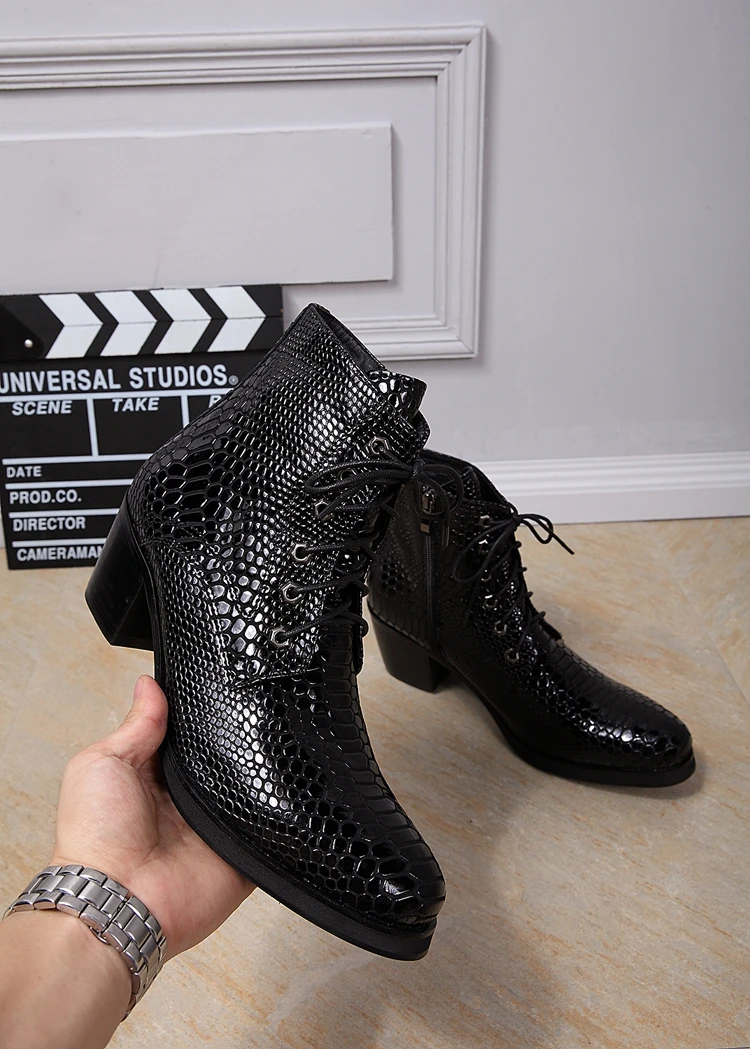 Mens shoes high heel black python skin cowboy boots mens ankle boots chelsea bota masculina lace up winter shoes men motorcycle