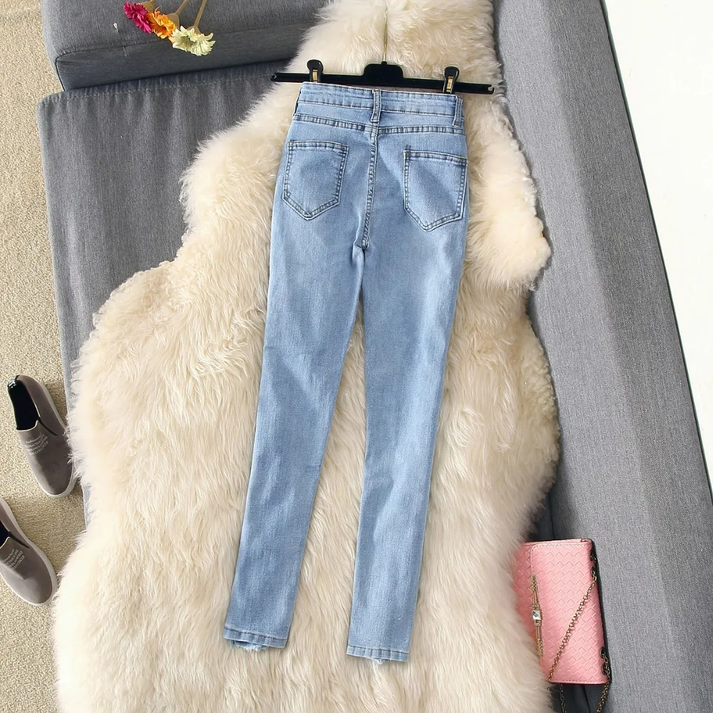 Floral Perles Européenne Jeans Maigre Trous Pantalon Femmes Strench Crayon EPqq1Iw