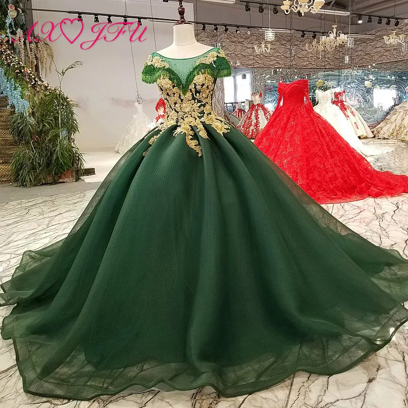 

AXJFU Korean princess green beading wedding Dress vintage embroidery flower boat neck crystal green wedding dress 35499