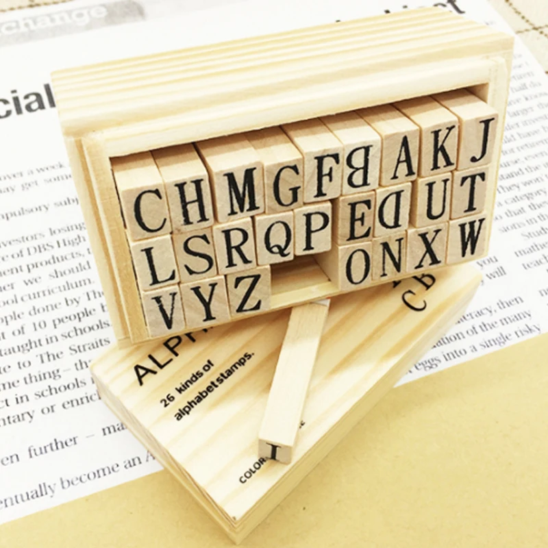 26 шт./лот набор резиновых штампов с цифрами и буквами алфавита с деревянной коробкой для обучения и рукоделия детей