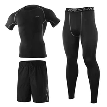 3 шт., мужской комплект одежды для тренировок, компрессионные штаны, рубашка с коротким рукавом и свободные шорты для фитнеса, для велоспорта, бега, спорта, тренажерного зала