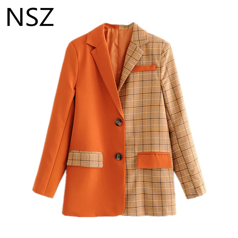 

NSZ Women Checked Blazer Plaid Jacket Female Patchwork Long Sleeve Office Work Elegant Outerwear Business Suit Coat Blaser Mujer