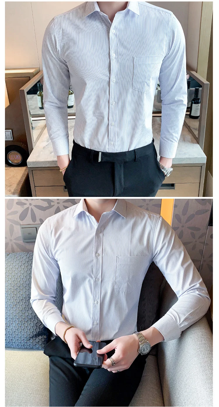HCXY Мужская Рабочая одежда с длинными рукавами, рубашки, мужская деловая рубашка, деловая рубашка с диагональной тонкой полосатой черной каймой