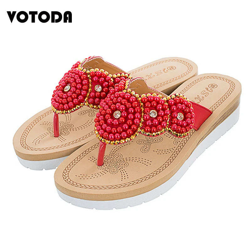 

VOTODA Summer Beach Sandals Women Pearl Flip Flop String Bead Flat Non Slip Outdoor Slippers Woman Casual Fashion Bohemia Shoes