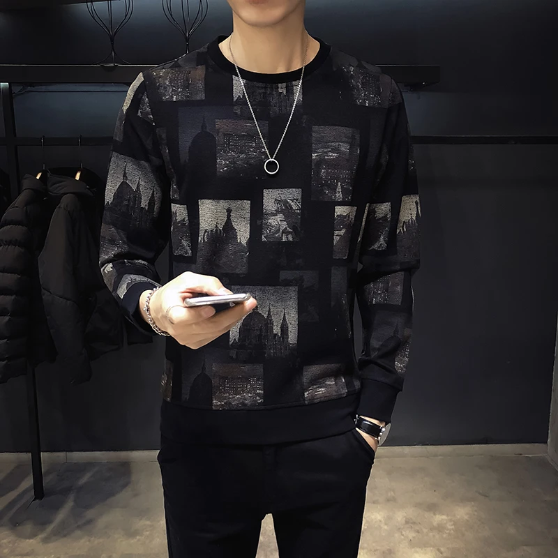 

2018 autumn British 3D jacquard round neck men's long-sleeved T-shirt Slim tide men's large size printing bottoming shirt