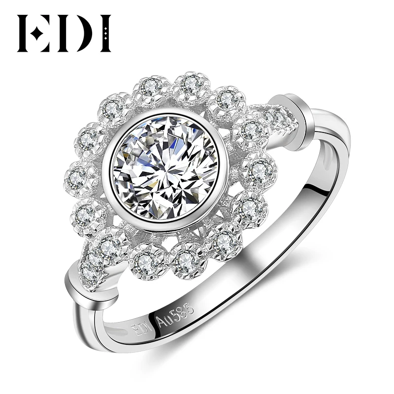 

EDI Flower Halo 0.8ct Round Cut Moissanite Diamond 14K 585 White Gold Engagement Ring Wedding Bands For Women Fine Jewelry