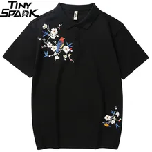 Мужская рубашка поло в стиле хип-хоп, уличная одежда с цветочной вышивкой, летняя футболка поло, черные хлопковые рубашки-поло, Повседневная рубашка с коротким рукавом