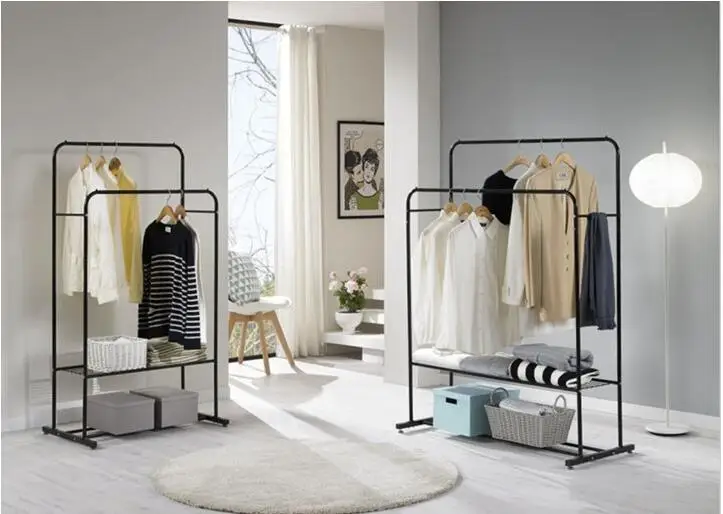 Clothes rack floor bedroom clothes and hat rack. Simple double pole type indoor hangers. Hang clothes rack..