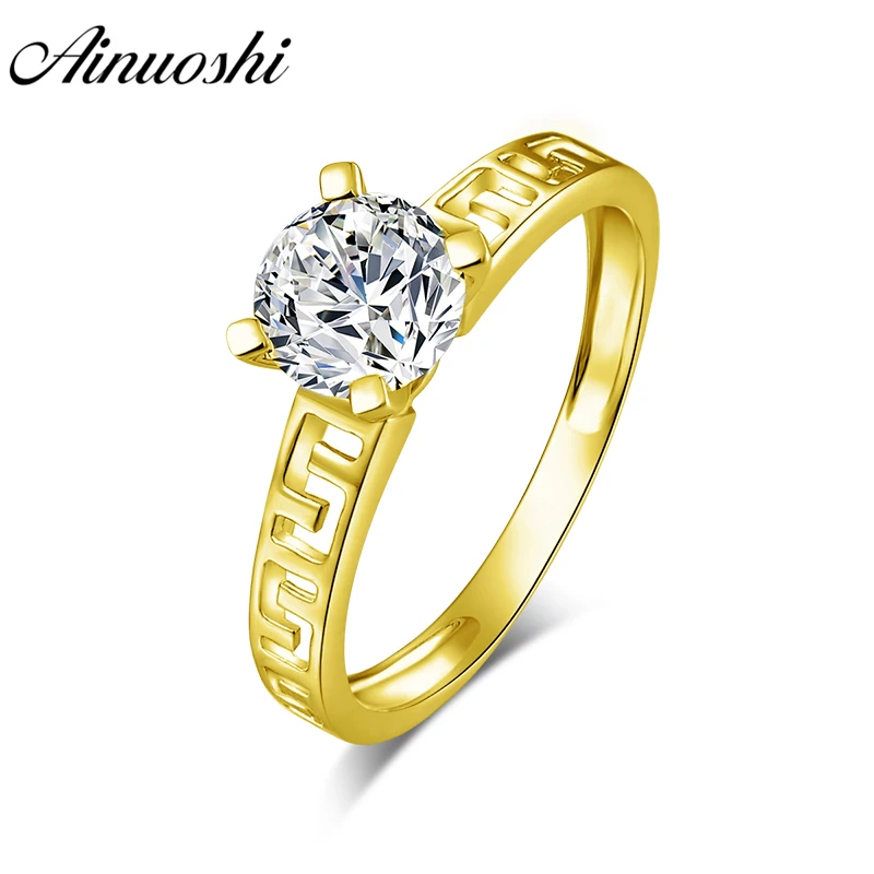 

AINUOSHI 14K Solid Gold Round Solitaire Ring Hollow Vintage Pattern Band 4 Claws Lab Grown Diamond Wedding Engagement Women Ring