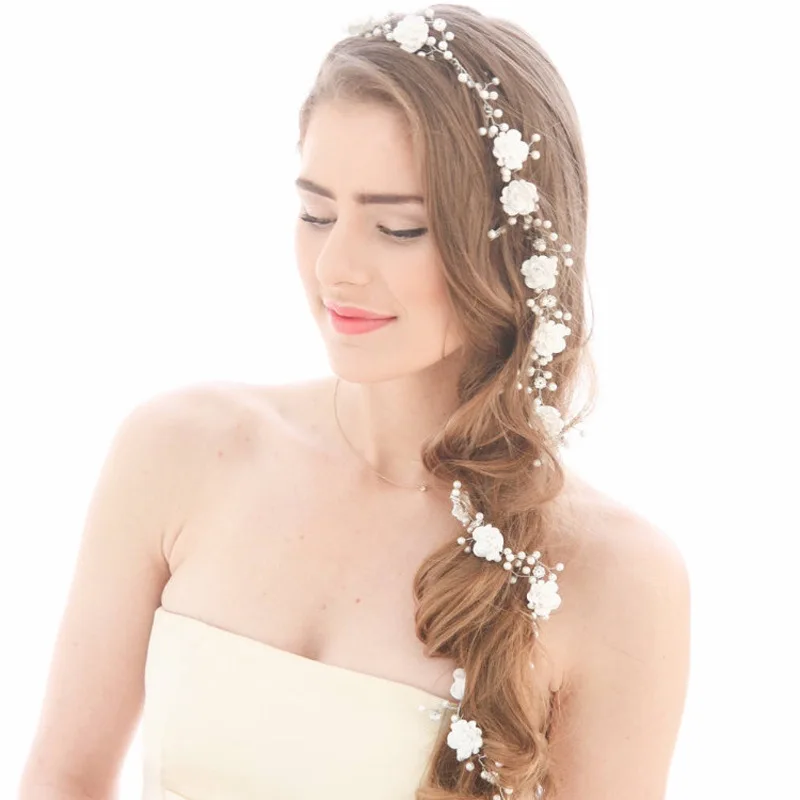 

Women Silver Metal Flower Pearls Wedding Tiara Headpiece Hair Vine Long Bridal Headbands Wedding Head Chain Accessories