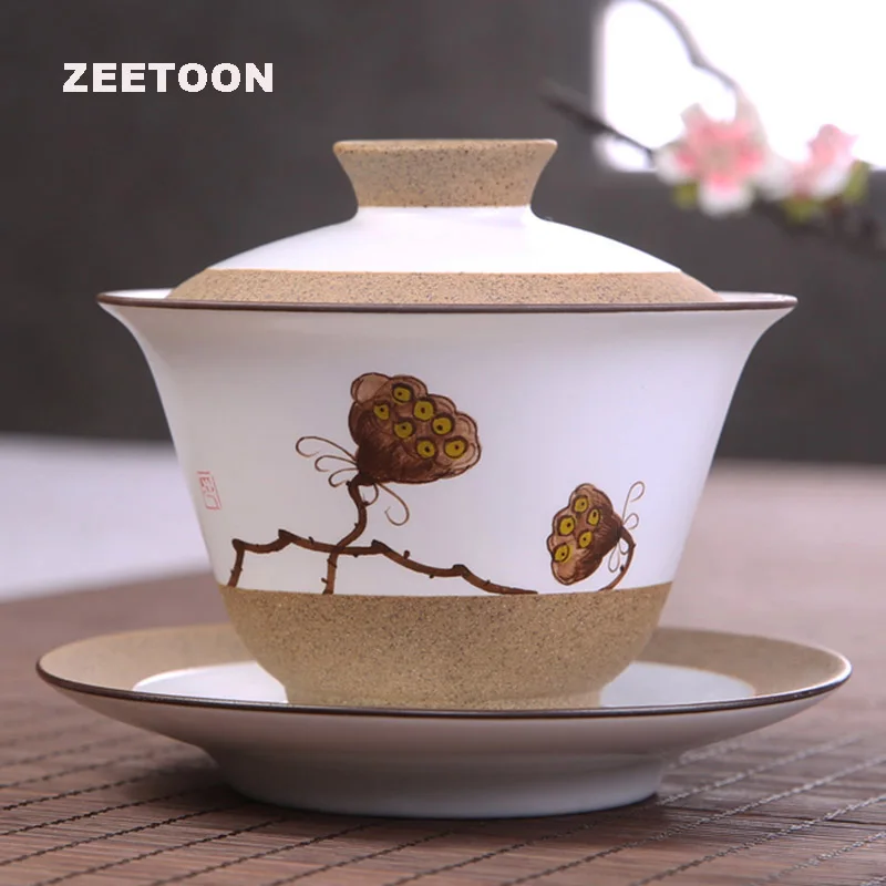 

Japanese Coarse Pottery Hand Painted Lotus Gaiwan Teapot Kung Fu Tea Set Puer Coffee Bowl Master Cup Creative Ceramic Ornament