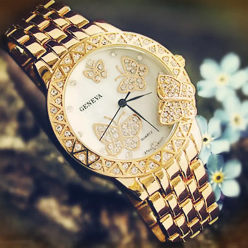 Для женщин часы Новый известный бренд Женеве Бабочка Кристалл Кварцевые часы Для женщин роскошный браслет из нержавеющей стали платье