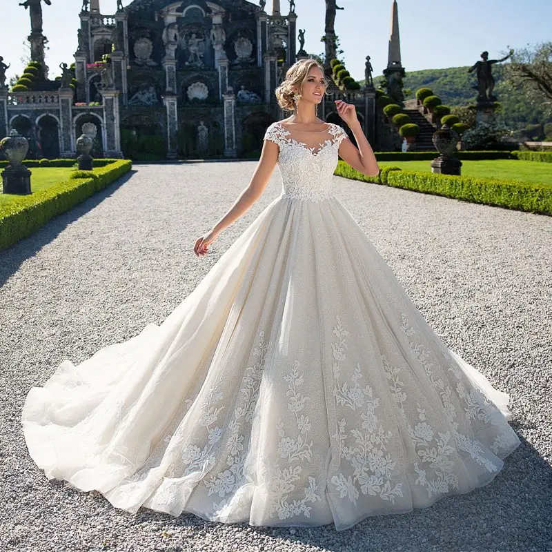 Соборный поезд с аппликацией из кружева и тюля Vestidos De Novia 2019 Свадебное бальное платье шапка класса люкс рукав свадебное платье