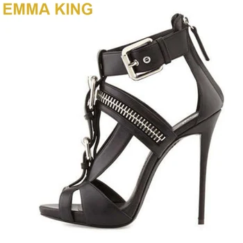 

Black Leather Zip Buckle Trendy Women Party Shoes Sexy Sandals Peep Toe Stiletto Heel Gladiators Sandals Women High Heels 35-43