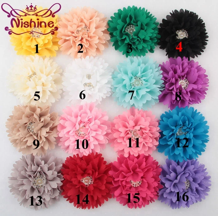 

Nishine 20pcs/lot 3.6" Peony Fabric Rose Flower With Pearl Rhinestone Center For DIY Headband Hair Clip Children Headwear