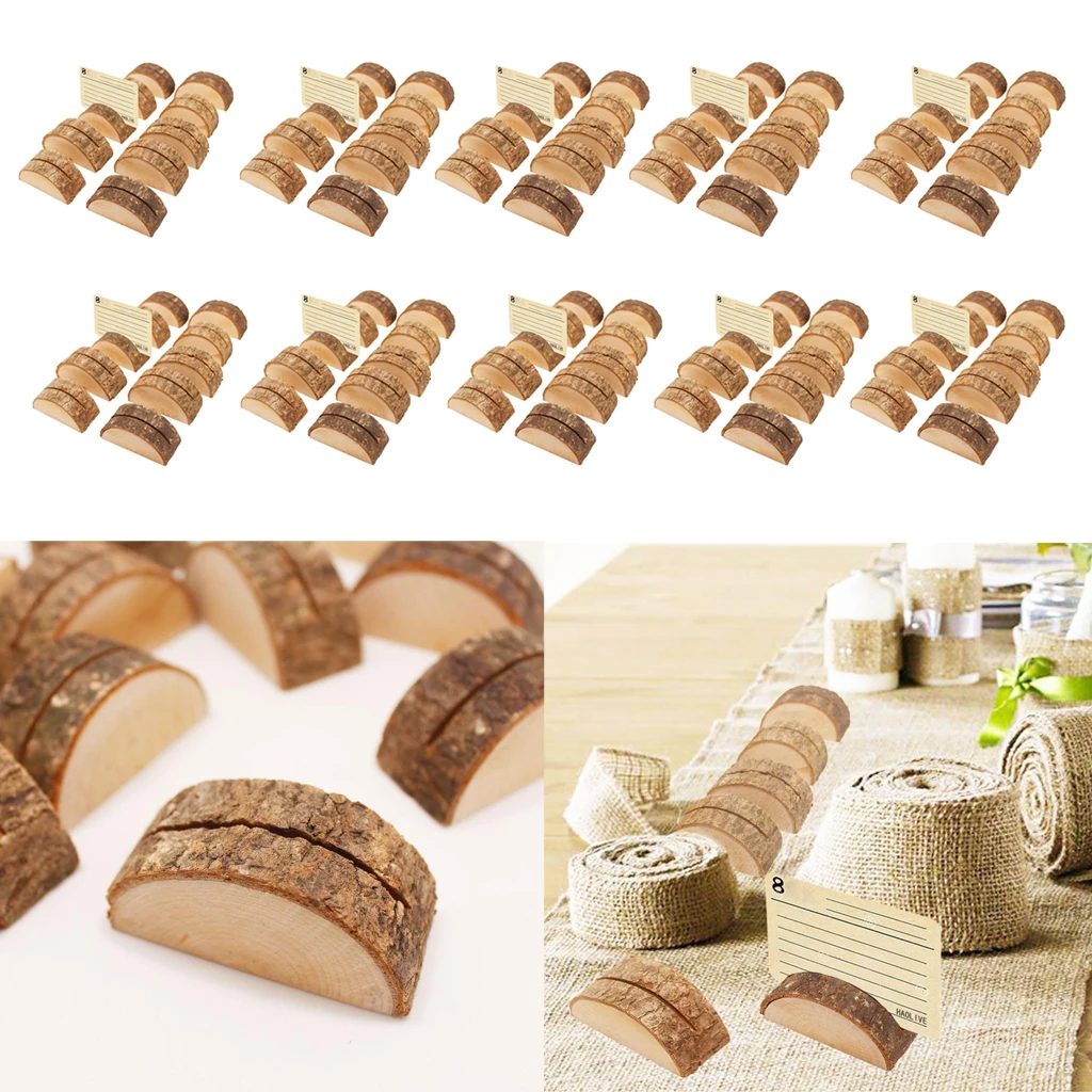 90pcs Rustic Wood Card Holders Log Shape Wooden Name Card Memo Holder Stand for Wedding Reception Office Tabletop Decoration