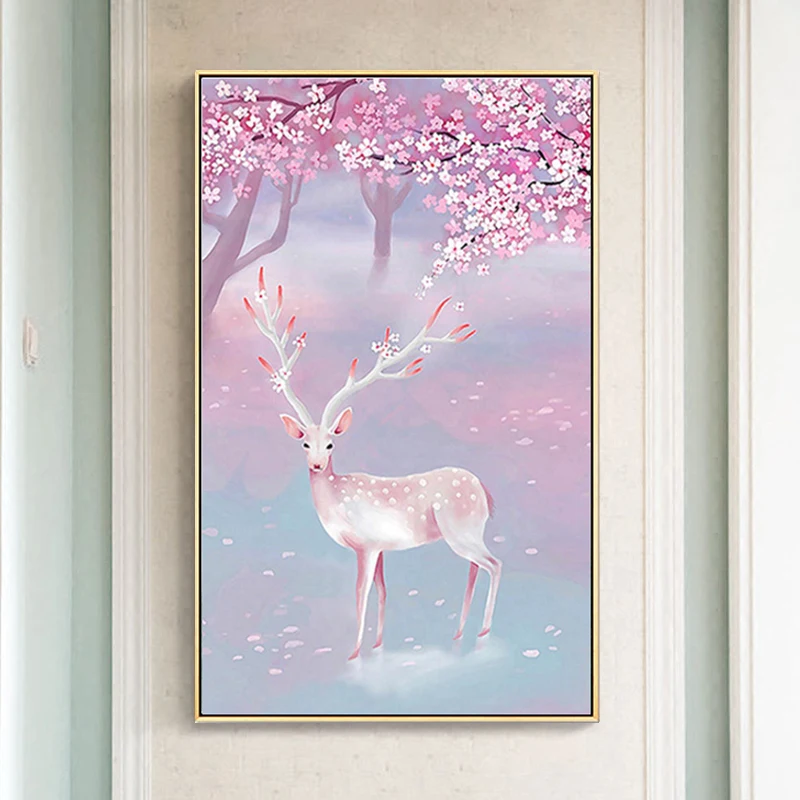 

Youran DIY Diamond Mosaic Pink Elk Cherry Blossom Animal Scenery Diamond Painting Cross Stitch Vertical Bedroom Decoration Craft