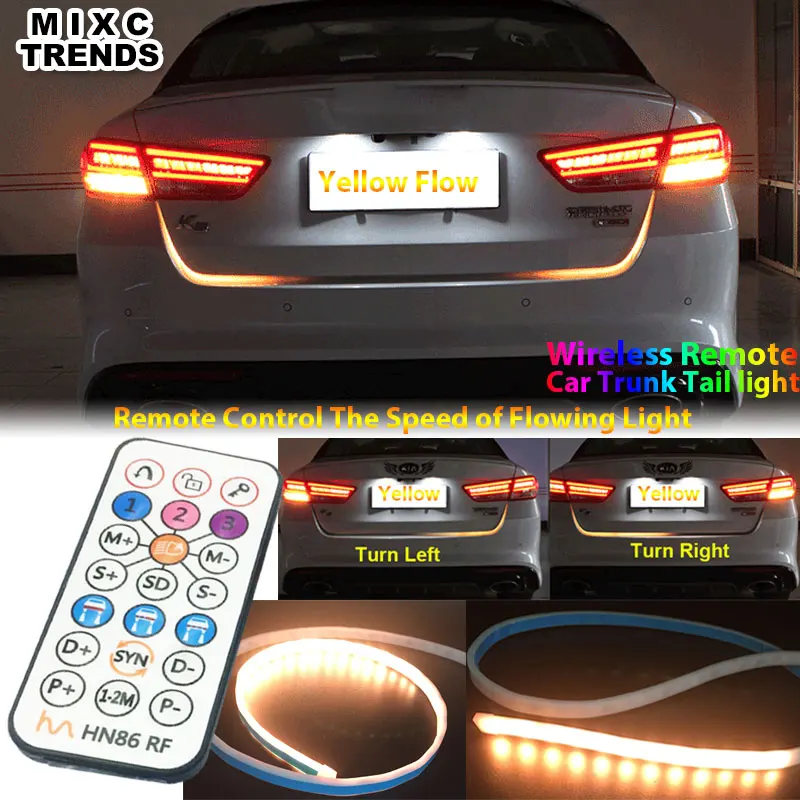 

DIY Turn Signal Yellow Flow LED trunk Strip light With Wireless Remote Controller 12V White RED RGB Tail Tailgate DRL Lights