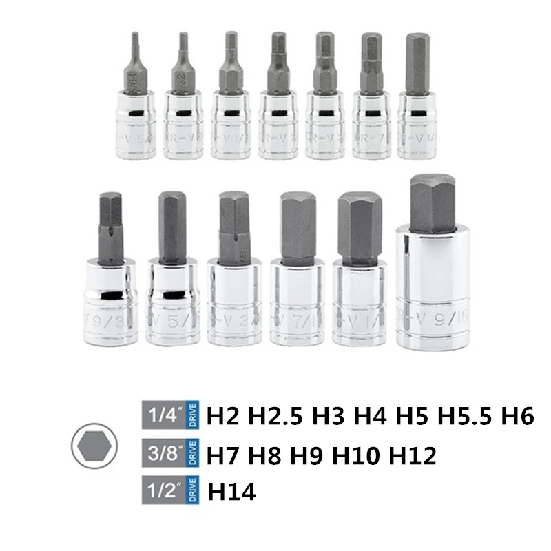 

13 Pcs/set Metric Hex SAE Wrench Hex Socket Bit Set 3/8"" 1/4"" 1/2"" Drill Bit Adapter