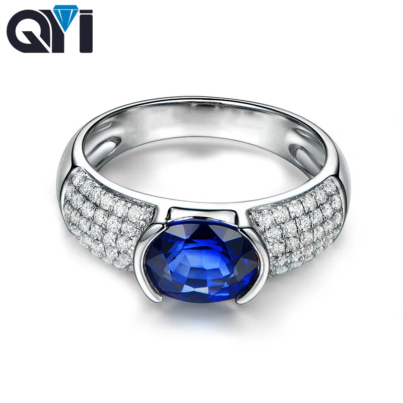 

QYI 1ct 925 Sterling Silver Simulated Sapphire Solitaire Engagement Ring Oval Cut Blue Sona Stone Women Micro Pave Wedding Rings