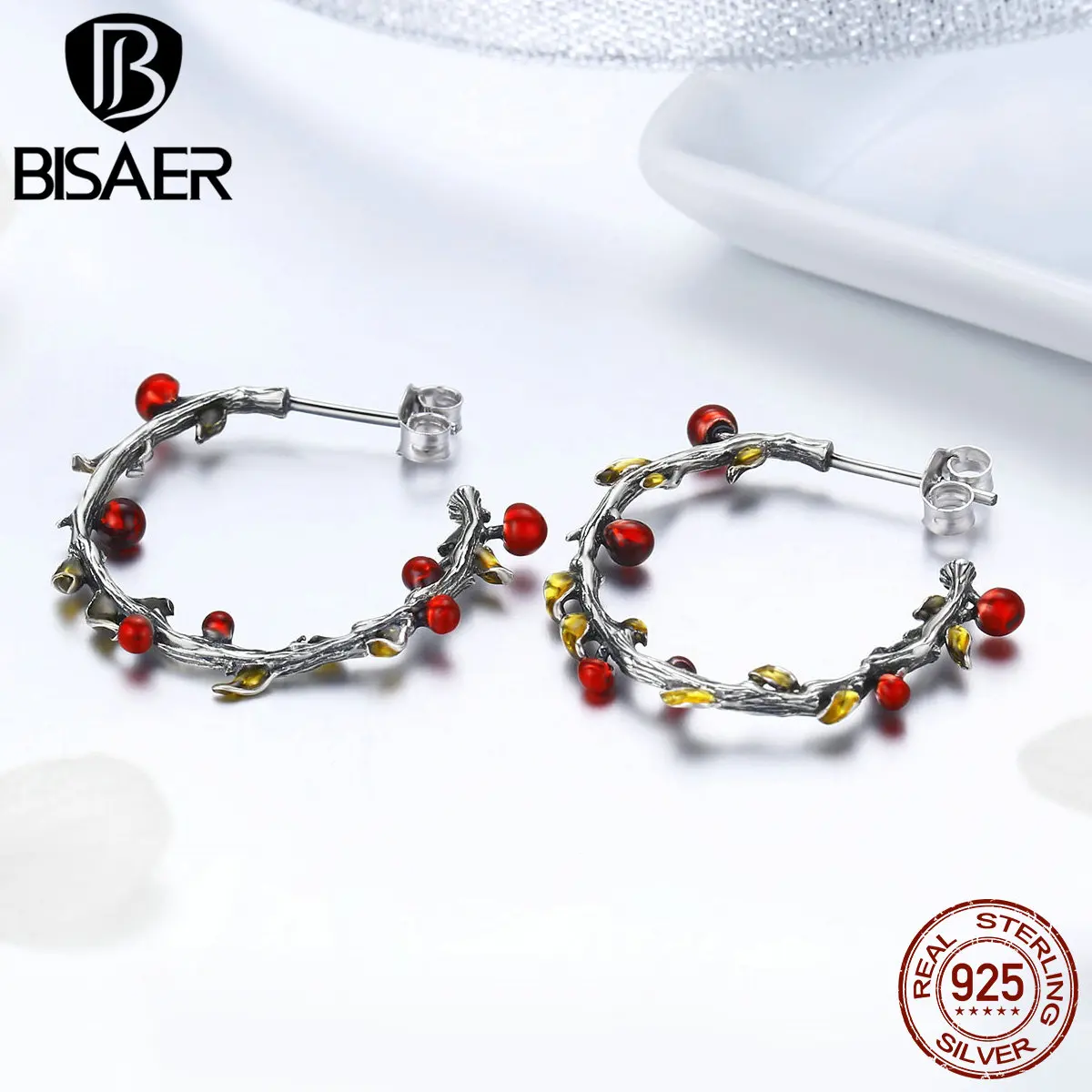 BISAE 925 пробы Серьги-гвоздики в виде листьев серебряного дерева для женщин, модные серьги с красной эмалью и фруктами, ювелирные изделия, серьги ECE443