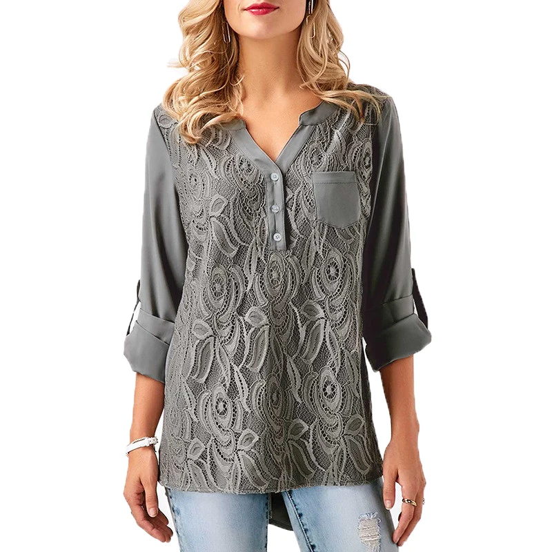

2019 New Women Blouse Shirt Chiffon Tops Tee Blusas Feminina Patchwork Lace Vintage Long Sleeve Plus Size 2XL 3XL Casual Fashion
