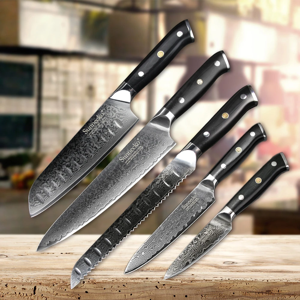 SUNNECKO 5 шт. набор кухонных ножей шеф-повара для очистки хлеба Santoku универсальный нож японский Дамаск VG10 сталь инструменты для приготовления пищи G10 Ручка