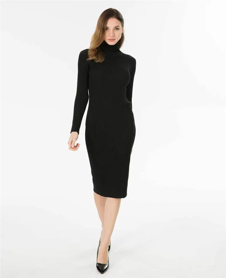 Women Dress 2019 Autumn Sweater Dress Cotton Rib Knit Slim Stretched Winter Turtleneck Sexy Lady Bodycon Robe Dresses Vestidos 06
