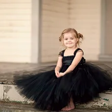 Маленькие девочки черный длинное платье-пачка Дети Пушистый тюль свадебные вечерние платья бальное платье с атласным бантом поясом для вечеринок пачки