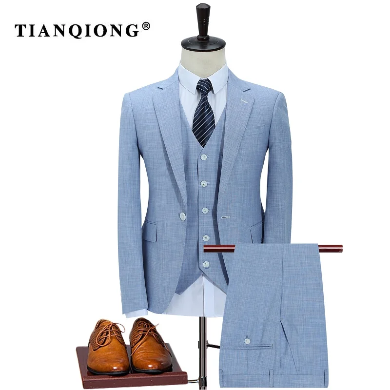 TIAN QIONG 100 Polyester Sky Blue Suit Men Slim Fit Leisure Business