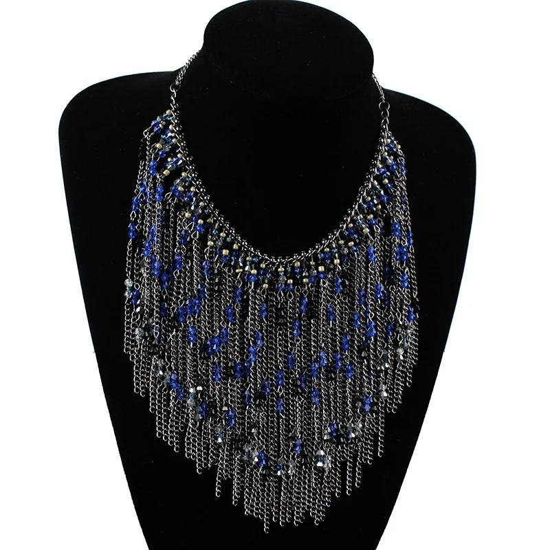 

New Handmade Bohemian Style Long Tassel Fashion Jewelry Blue Beads Pendant Statement Necklace For Party