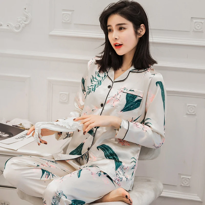 

Summer Women Imitation Silk Pajamas Set Ladies Print Long Sleeves Shirt+Pants Suit Nightwear Sleepwear Home Clothes Pijamas