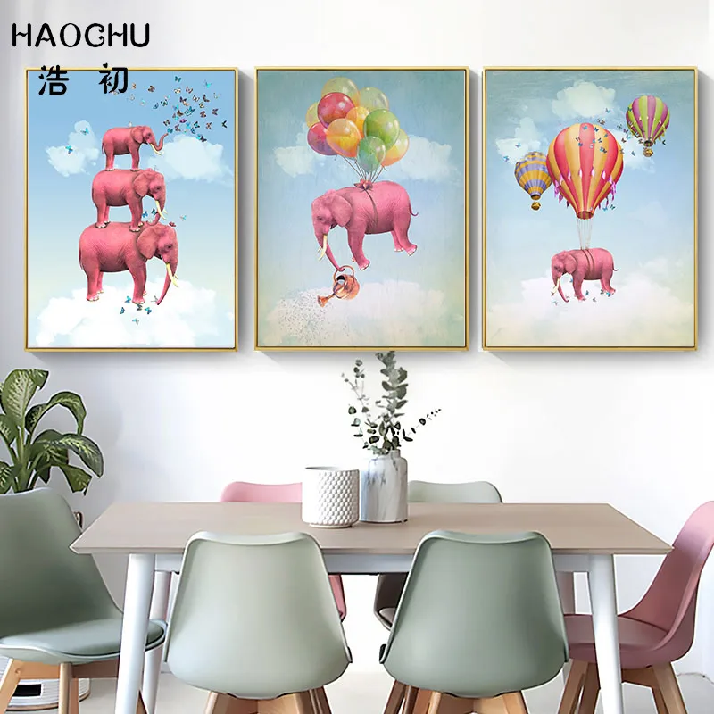 HAOCHU Nordi плакат розовый слон бабочка живопись на холсте мультфильмы воздушном